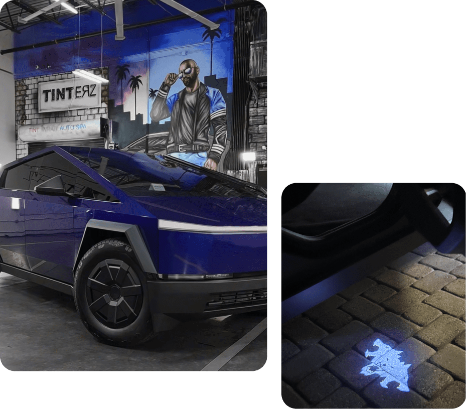 Illuminated logo projection on the ground