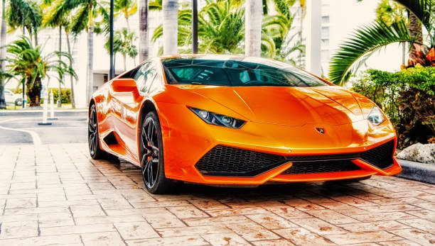 Sleek orange Lamborghini parked with palm trees in background.
